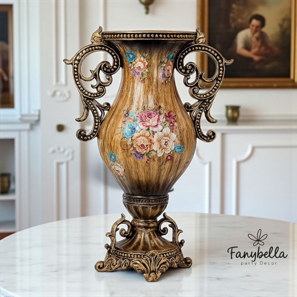 Vas Bunga Keramik Coklat Klasik Antik Guci Emas Motif Bunga Porselen Dekorasi Hiasan Rumah Set