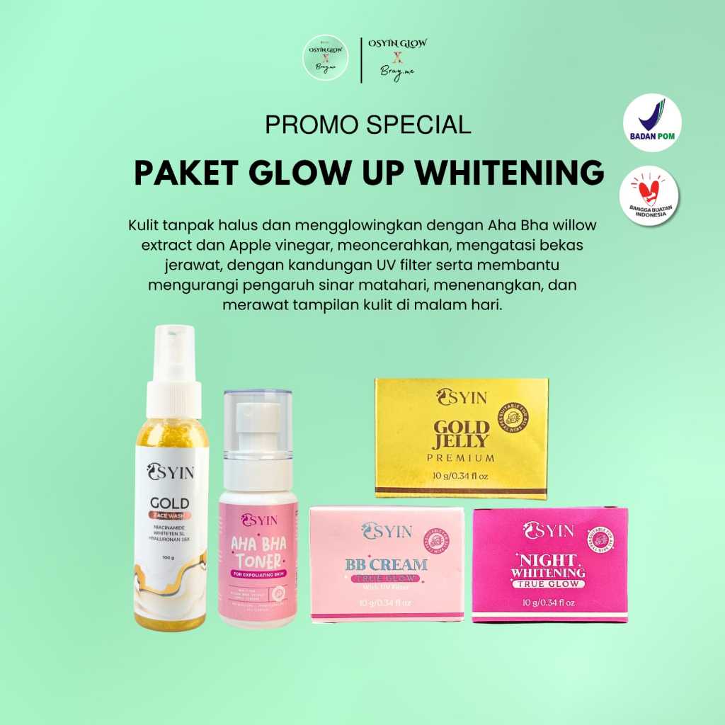 Osyin Glow Paket Glow Up Whitening (Gold Jelly Premium + Bb Cream Uv Filter + Toner + Gold Face Wash