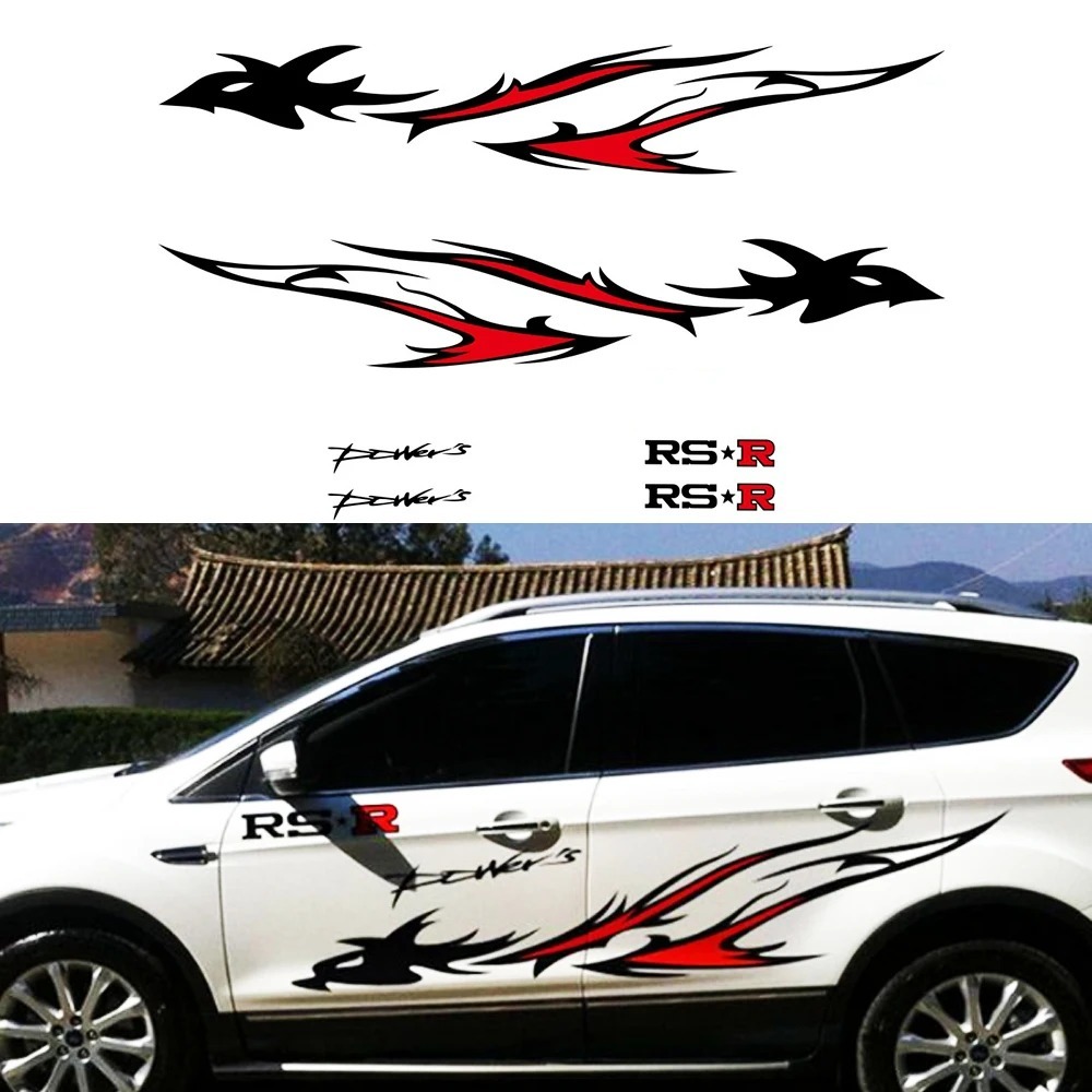 Stiker Mobil Vinyl Garis-garis Naga Api Hitam+Merah 190cm, Stiker Sisi Bodi Mobil Granmax Apv Brio A