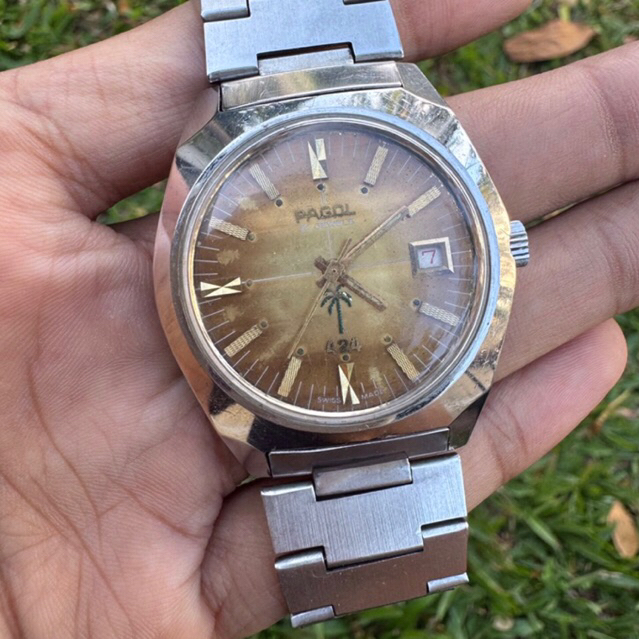 Jam Tangan vintage Pagol 424 Swiss kelapa sawit Manual Winding original jadul kuno antik pria wanita