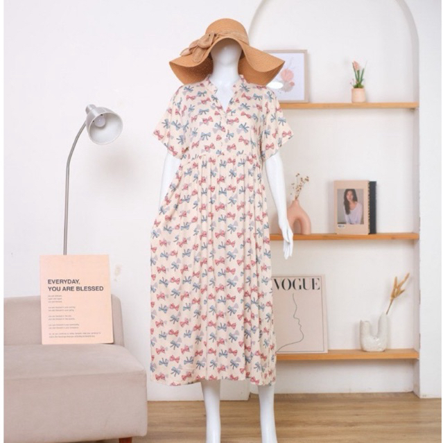 Pajamasal Noura Long Dress Daster Kerah Shanghai Panjang Rampel Katun Rayon Premium Lengan Pendek | 