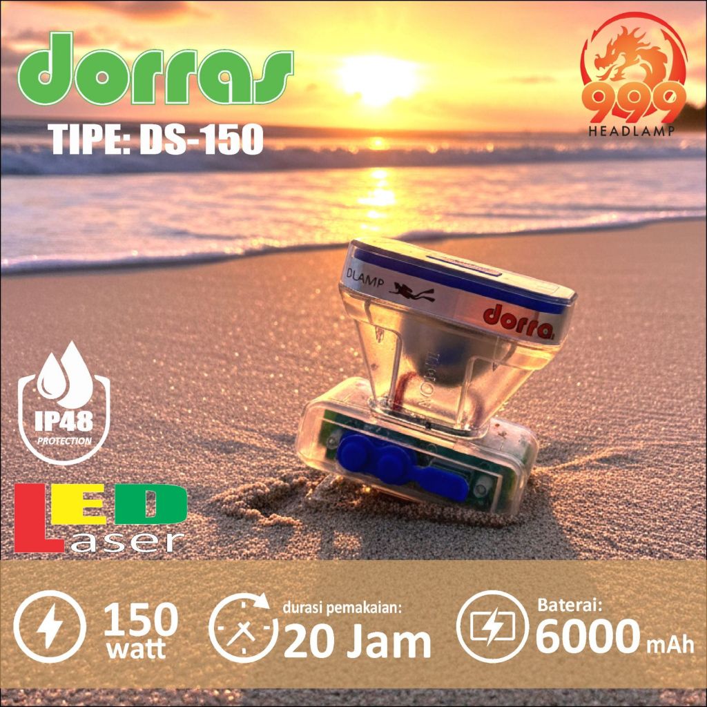 Senter kepala selam Dorras DS 150 150watt ABS Premium LED Laser 6000Mah Baterai tahan lama
