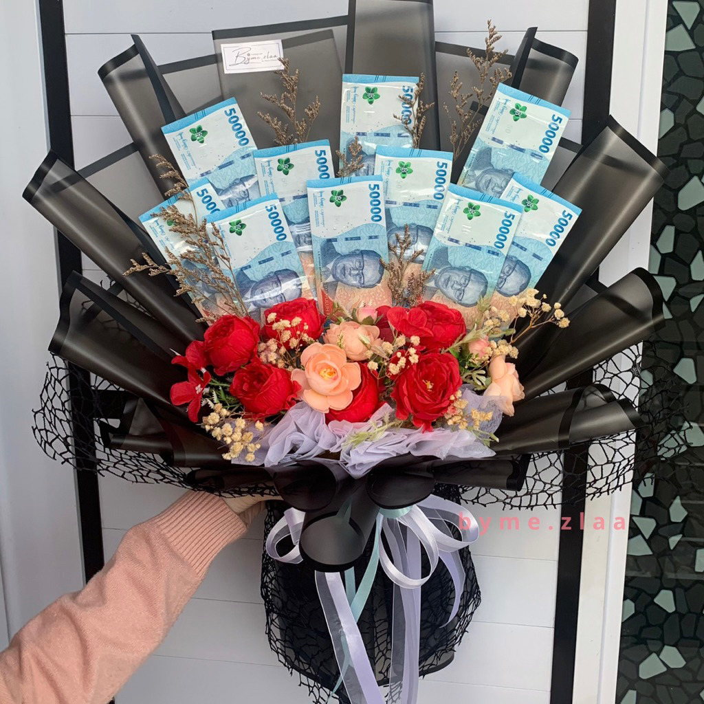 BYMEZLAA | Buket Uang / Duit (hitam+jaring) - Money Bouquet - Buket Hadiah Murah Besar