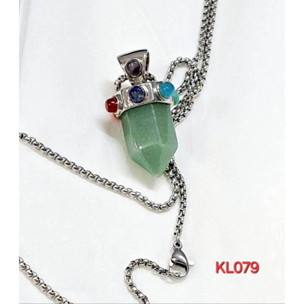 kalung liontin bentuk hexagon-prisma green aventurine rantai stainless steel