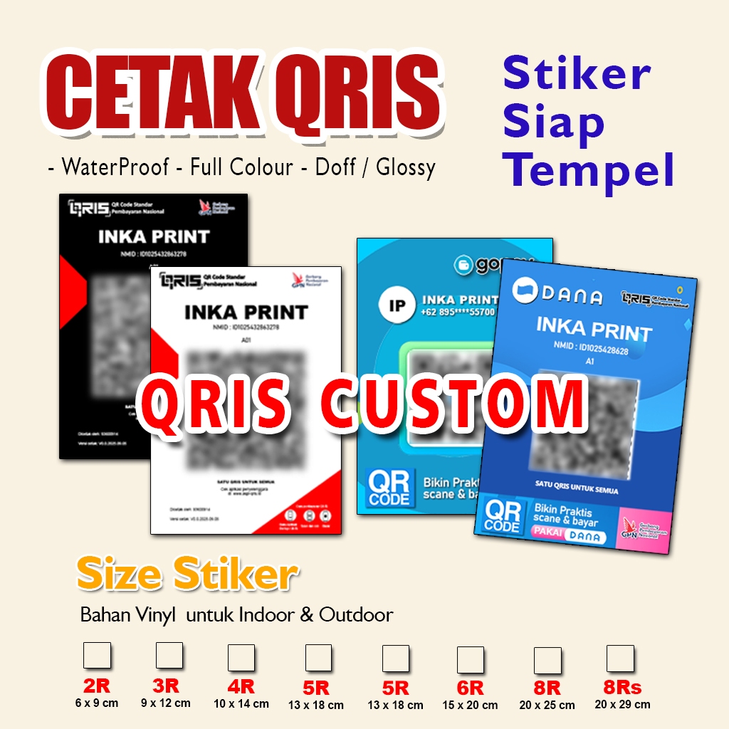 Cetak Stiker QRIS Custom – Bisa Logo Toko – Bahan Stiker Premium Anti Air (ShopeePay, DANA, Gopay)