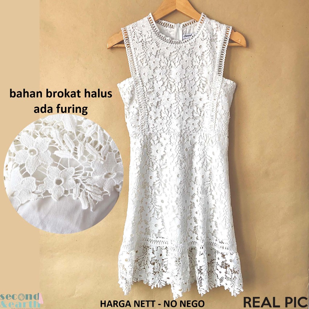Chocochips Dress Brokat (XS-S) Terusan Tanpa Lengan Brukat Fit Flare ALine Brukat Putih Bunga Polos 