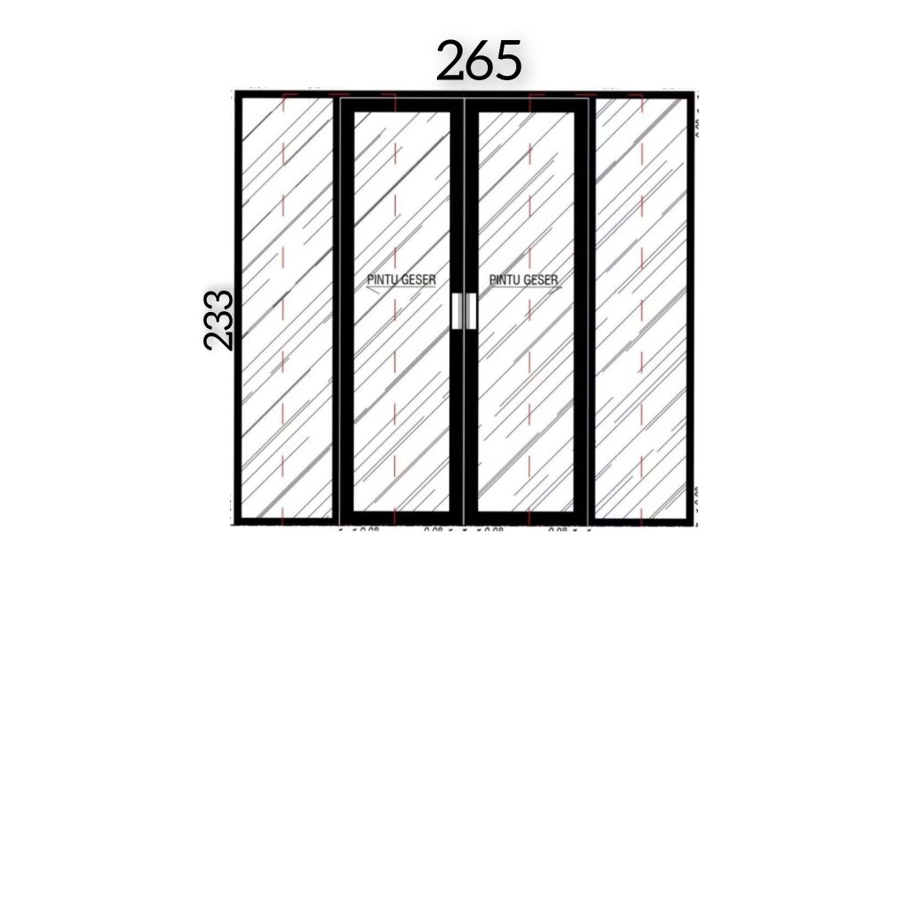 pintu aluminium geser 2 daun+ kaca mati kiri kanan kusen 3inch merek alexindo warna hita kaca 5mm po