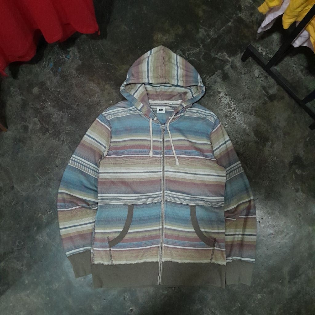 UNIQLO STRIPE ZIPPER HOODIE BROWN-GREY