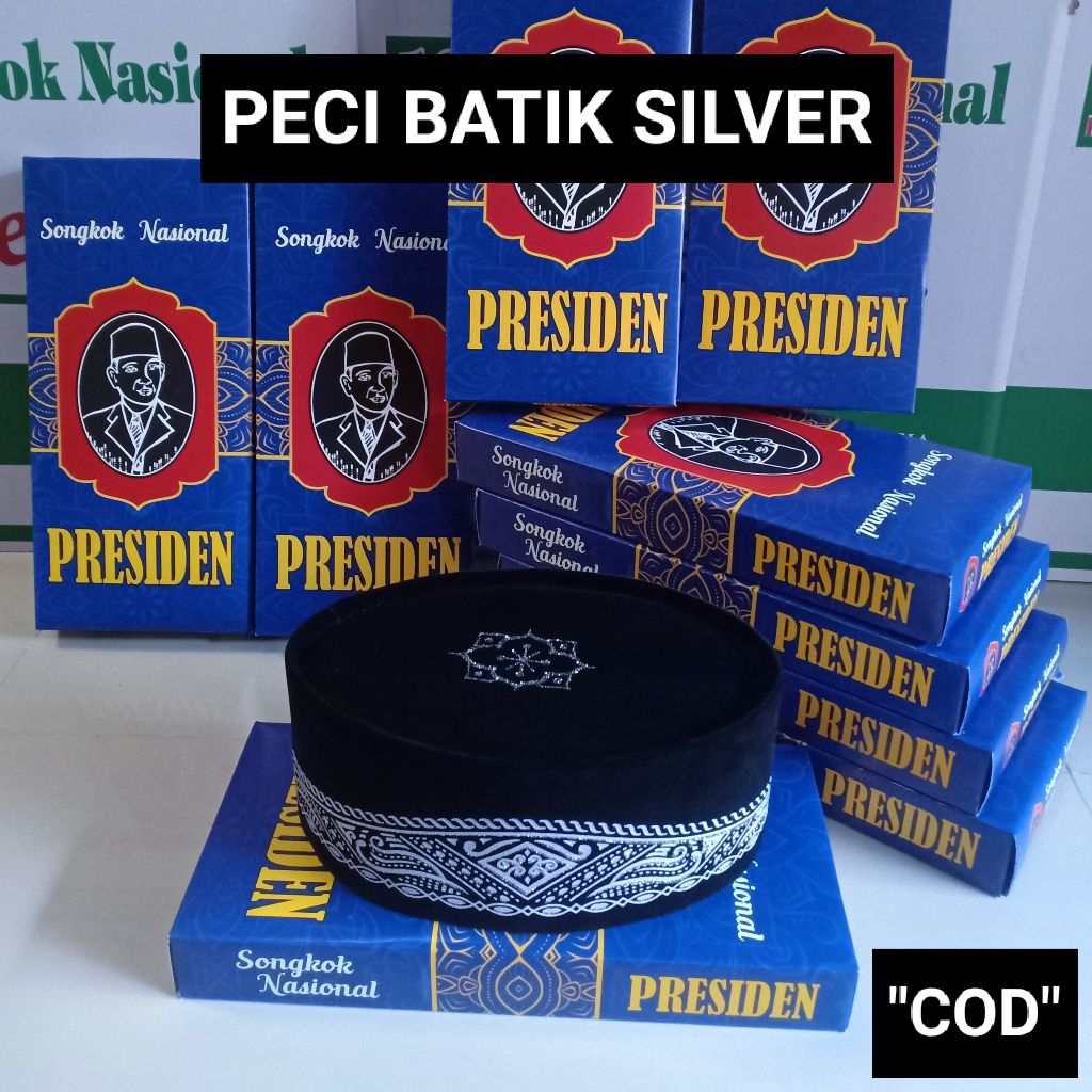 PECI BATIK PERAK, Peci Hitam Motif Batik Tinggi 9 cm, Songkok Nasional Merk Presiden ukuran Dewasa d
