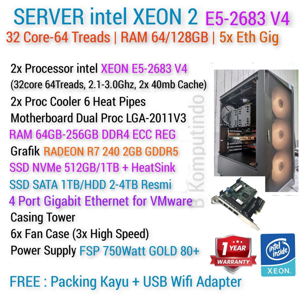 SERVER XEON 32Core 64CPU | RAM 64GB-256GB DDR4 ECC | 4 Port Ethernet VMWare Proxmox Unraid Mikrotik