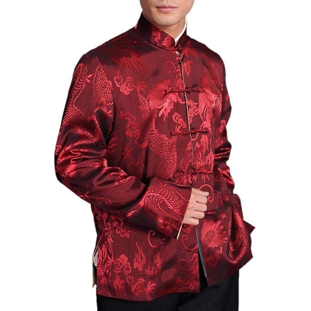 Promo Fashion Pria Kemeja Panjang Motif Naga Bahan Satin Halus untuk Pria Model Cheongsam Lengan Pan