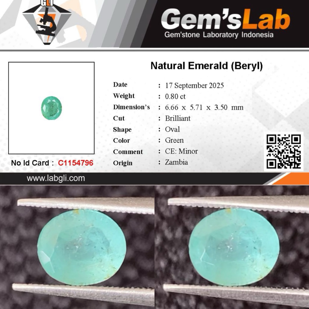 0,80 cts Natural Emerald Beryl / Zamrud origin Zambia Ce Minor Memo GLI