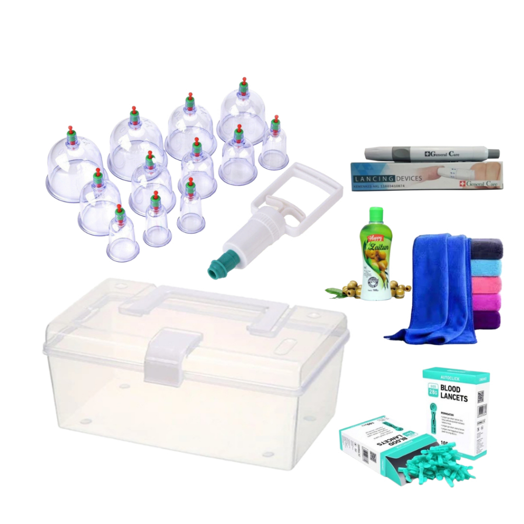 KOP ANGIN 12 CUP ALAT BEKAM LENGKAP DENGAN PEN JARUM BEKAM DAN MINYAK PIJIT ZAITUN