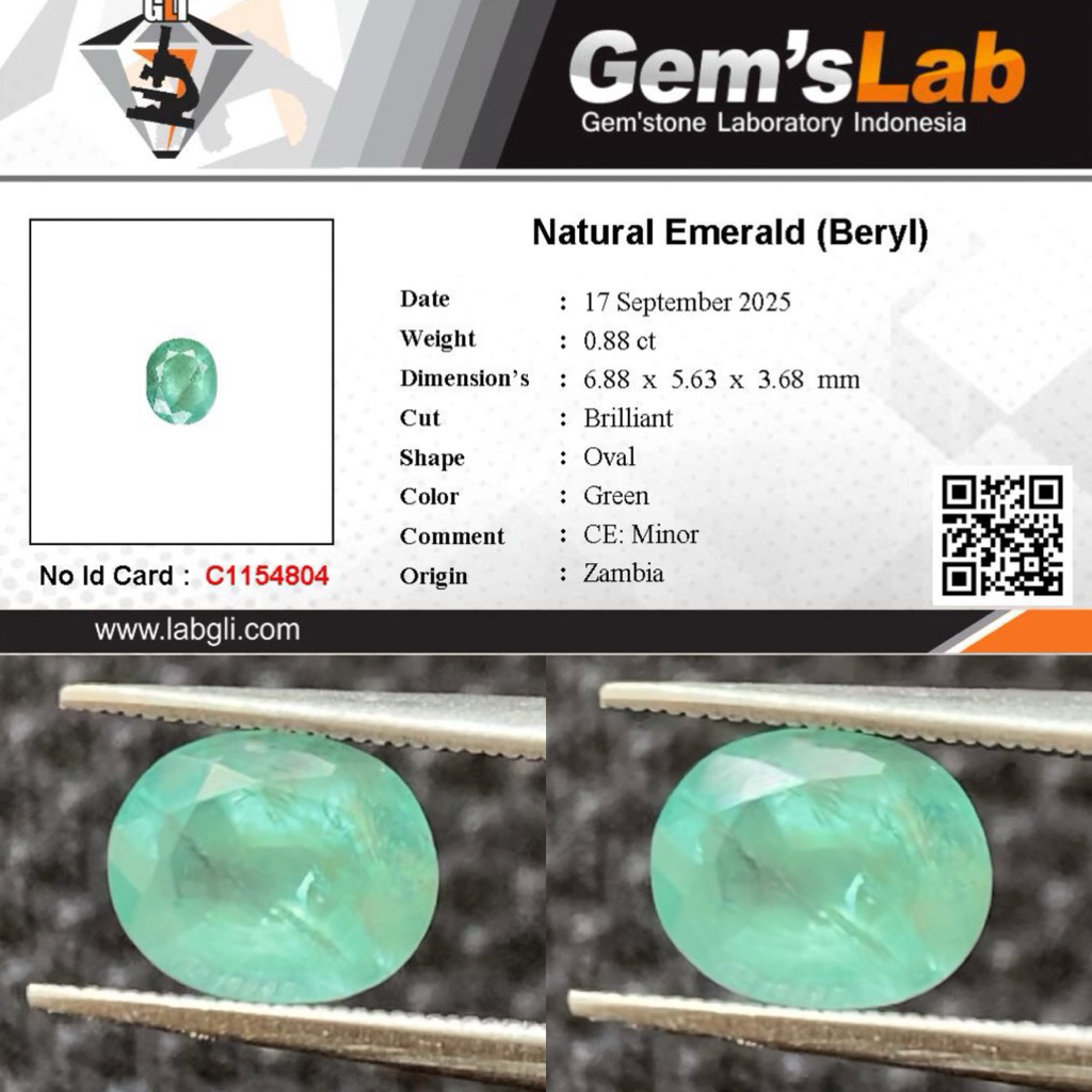 0,88 cts Natural Emerald Beryl / Zamrud origin Zambia Ce Minor Memo GLI