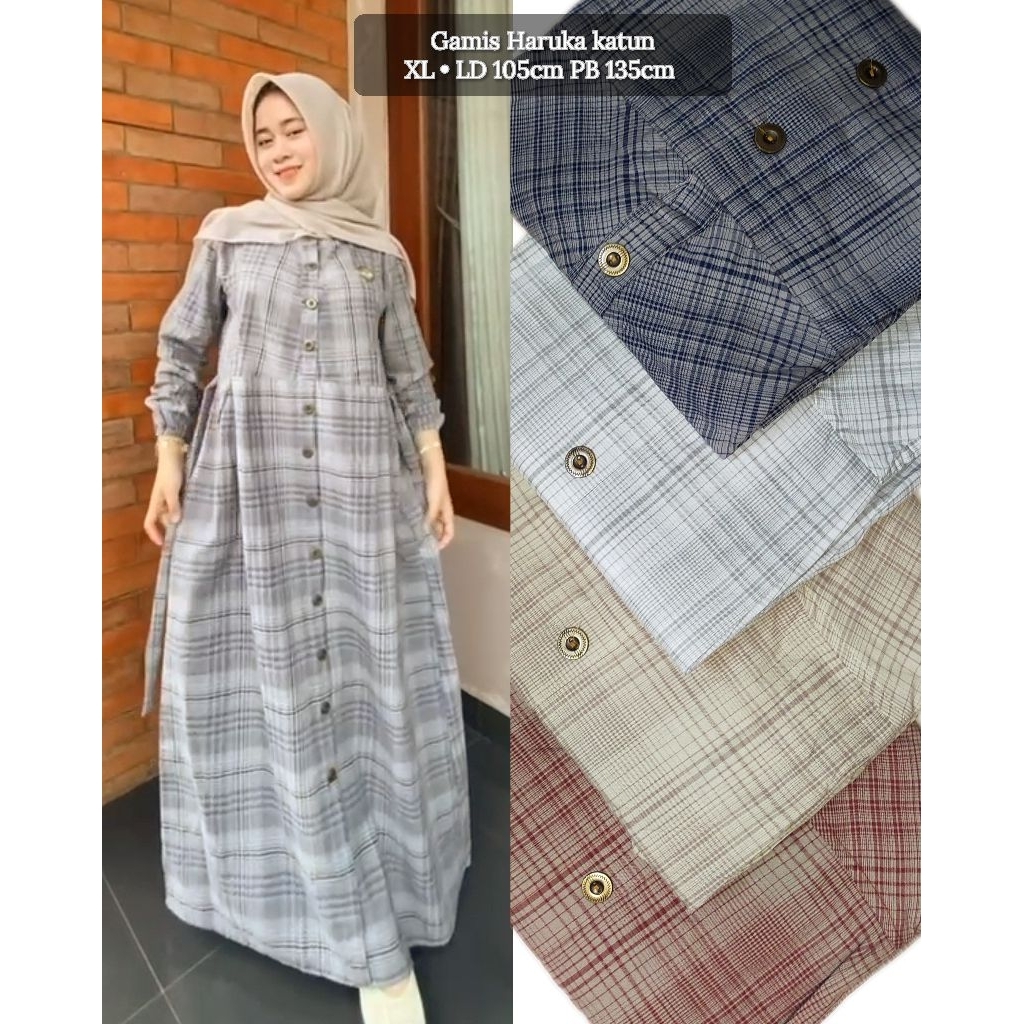 Gamis dress Azzahra Haruka premium motif kotak-kotak | gamis motif | gamis katun premium | gamis pon