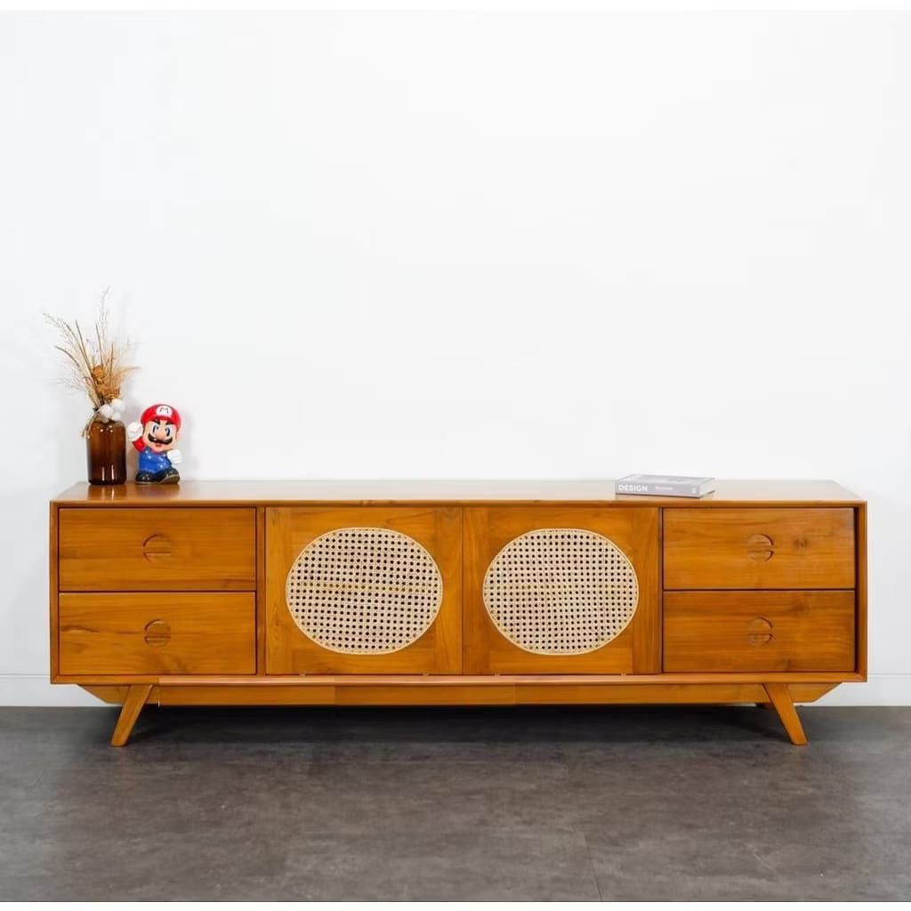 Buffet retro minimalis kayu jati mix rotan rak tv kayu jati rotan bulat meja tv modern