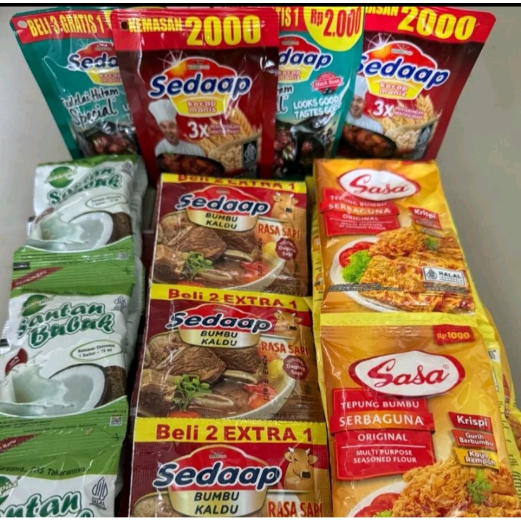 PAKET BUMBU MASAK HEMAT TEPUNG SASA SERBAGUNA 10 PCS +KALDU SEDAP 1 RENTENG + SANTAN BUBUK 1 RENTENG