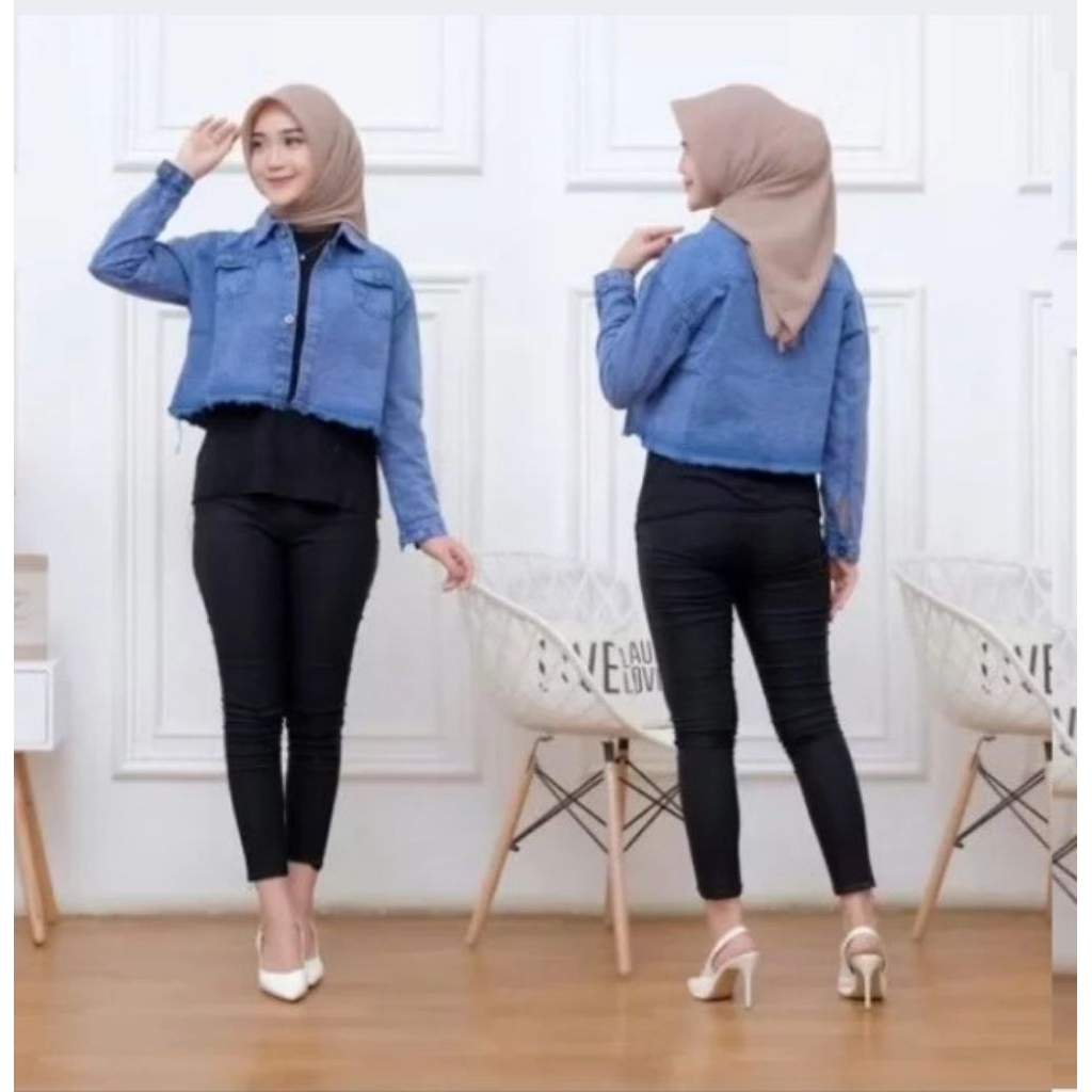 Jaket Jeans Crop Rawis/Jaket jeans crop kancing Korea style denim panjang