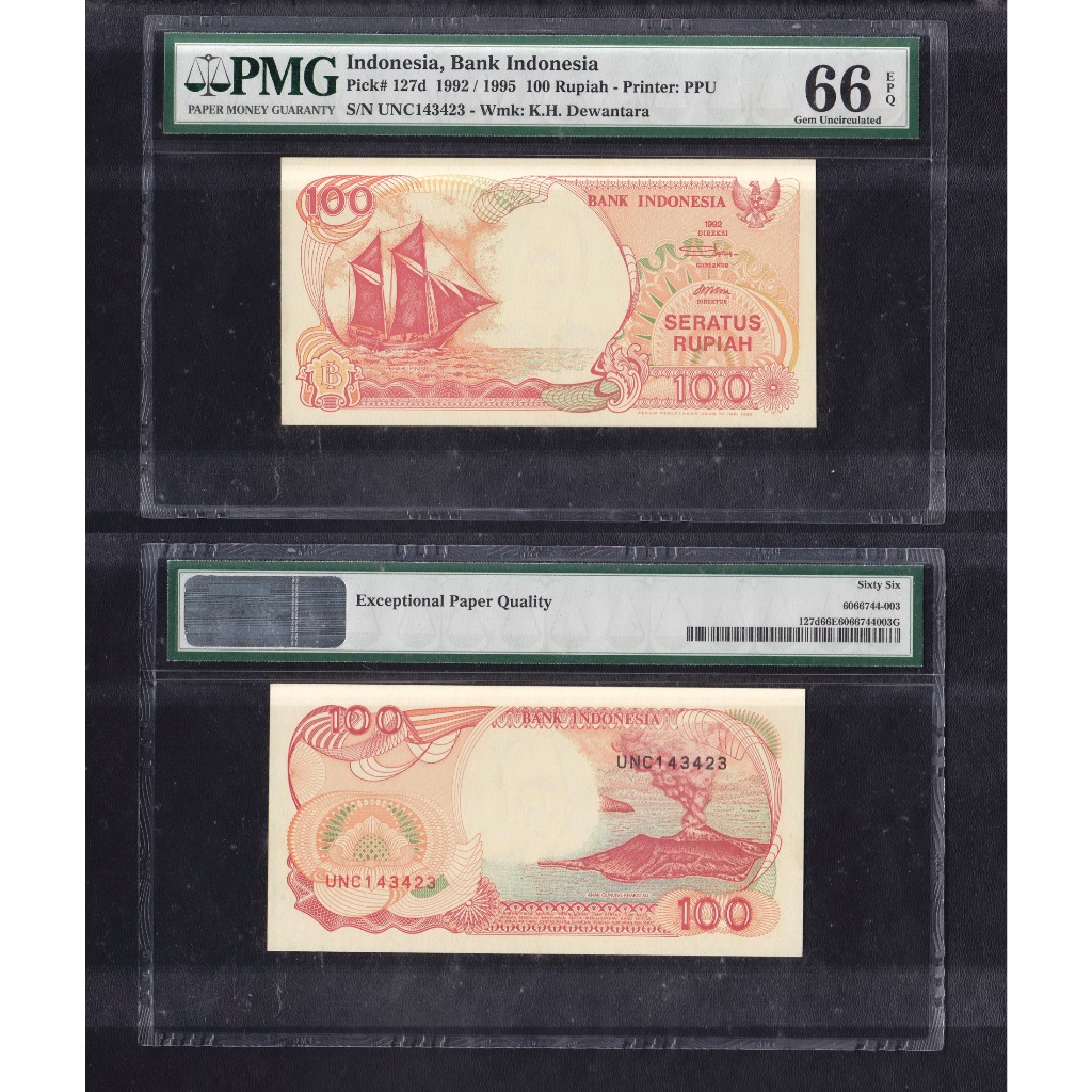 Uang kuno PMG 66 EPQ - 100 rupiah tahun 1992 Perahu Pinisi S/N→ UNC143423