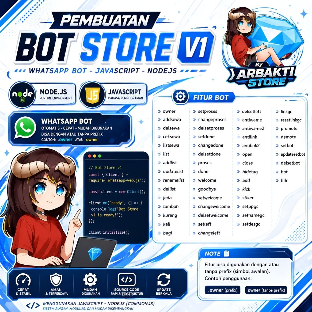 Jasa Pembuatan Bot Store WhatsApp V1 JavaScript Node.js CommonJS Full Source Code