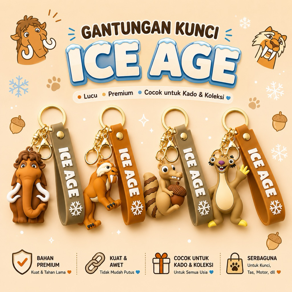 Gantungan Kunci Ice Age Rubber Premium Sid Scrat Manny Diego Aksesoris Tas dan Kunci