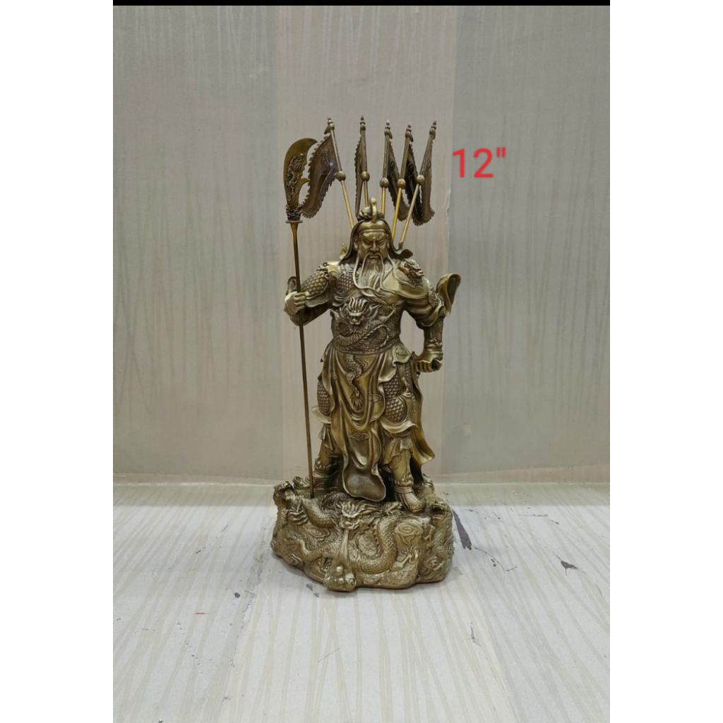 patung dewa kwan kung / kwan kong / guan yu - kuningan - 5 bendera - 12inch
