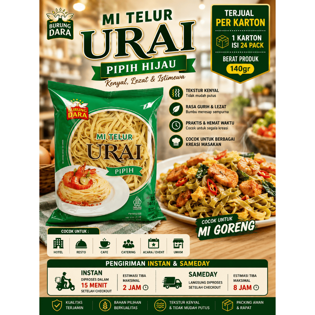 Burung Dara Mi Telur Urai Pipih Hijau 140g x 24 Pack (1 Karton) Mi Kering Premium | Ready Stock | In