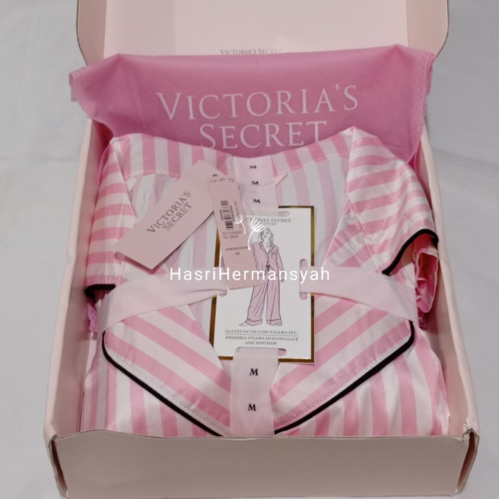 Victoria’s Secret Iconic Stripe Pajama Set Pink White Women’s NWT Pajamas set glazed Satin  BAJU TID