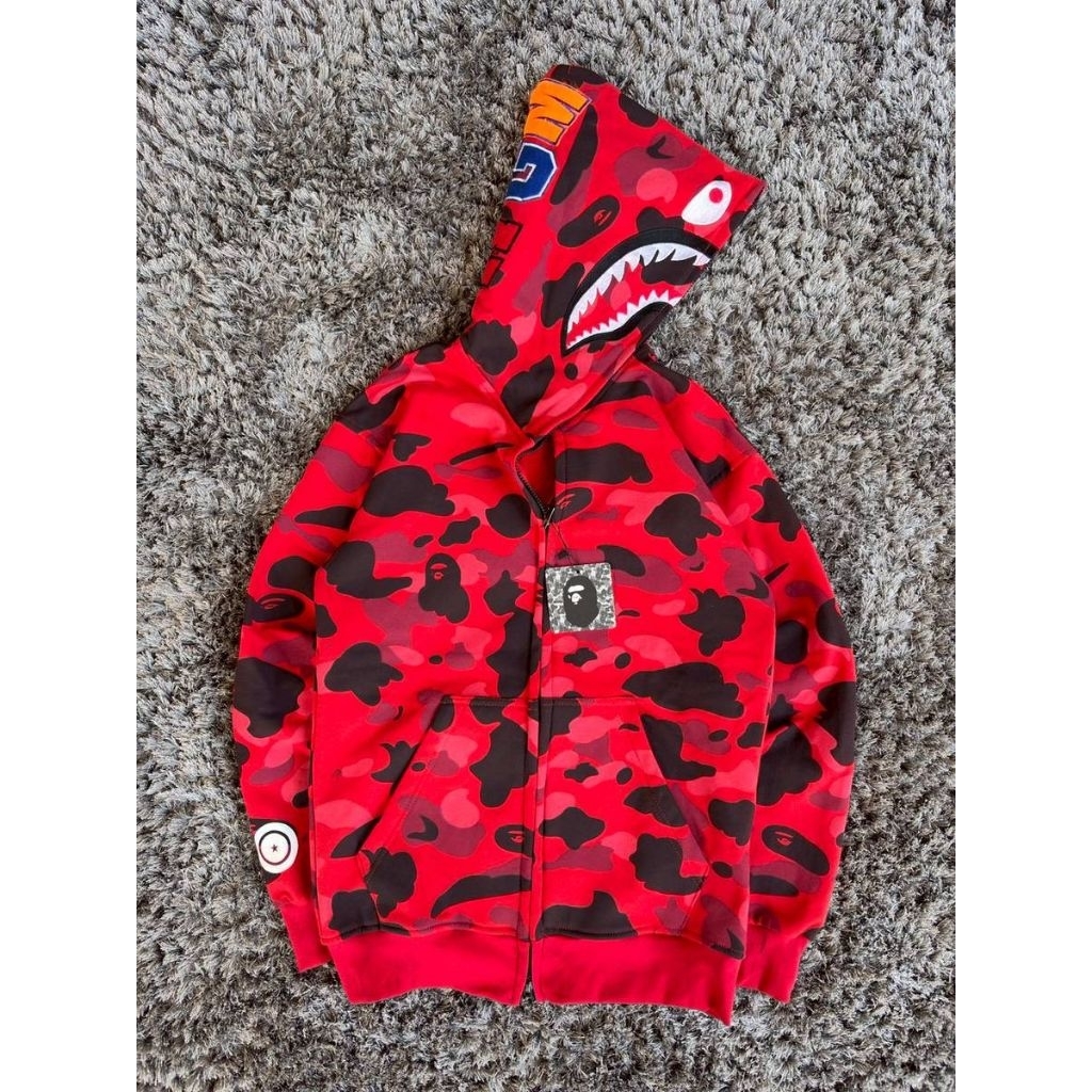 JAKET FULL ZIPPER HOODIE BAPE SHARK WGM CAMO BORDIR FULLPRINT (MERAH)