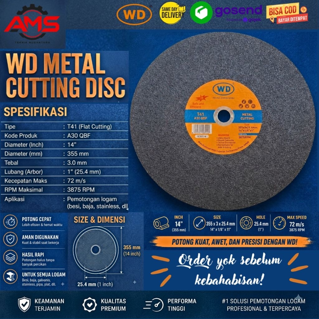 WD Cutting 14 Inch (355×3×25.4mm) T41 Metal Cutting Disc Original