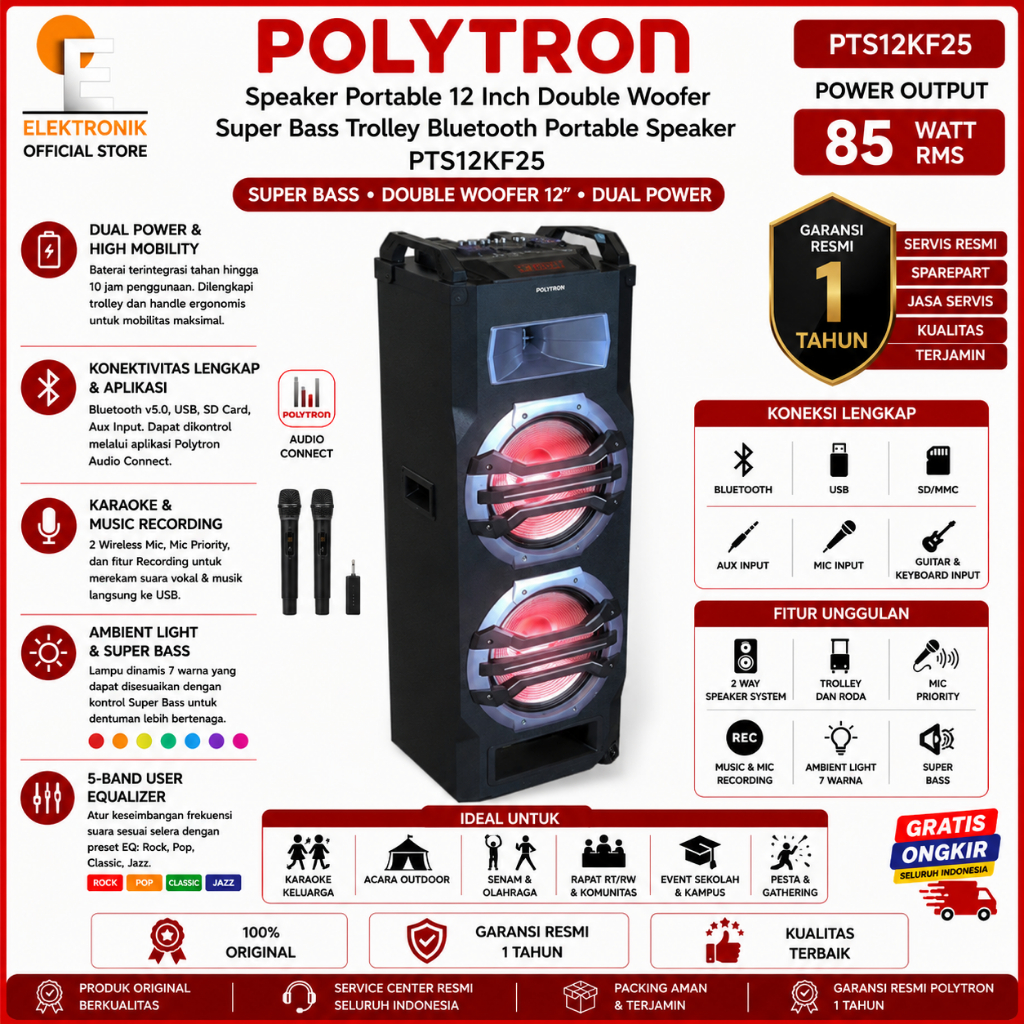 POLYTRON SPEAKER PORTABLE PTS 12KF25 SPEAKER KARAOKE 12"/PTS12KF25/ BLUETOOTH/GARANSI RESMI POLYTRON