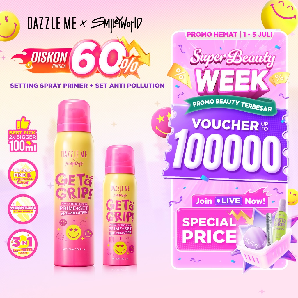 [BPOM] DAZZLE ME Get a Grip! SmileyWorld Edition Aerosol Setting Spray Prime+Set Anti-Pollution - Se