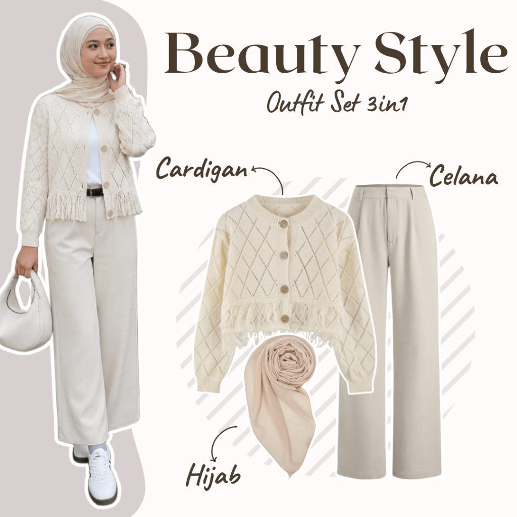 Setelan Wanita Kekinian Korea One Set | Cardigan, Celana, Hijab | One Set Daily Wanita, OOTD