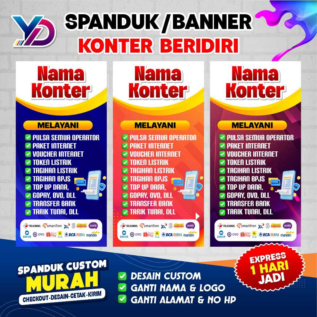 SPANDUK BANNER PULSA BERDIRI 100X50 CM MURAH CUSTOM