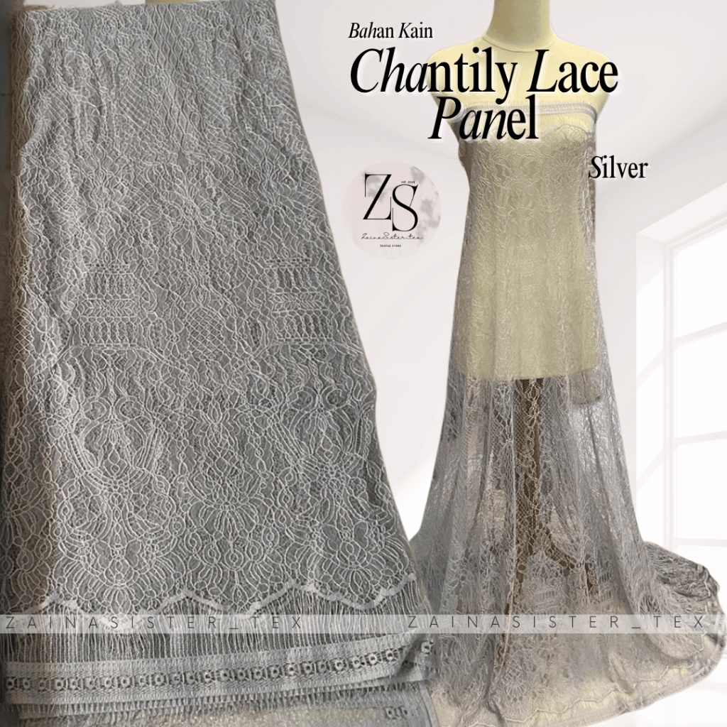 Kain Tile Brukat Chantilly Lace Panel Silver / Aimee Series/ Brokat Lace Santili Semi Prancis Mewah 