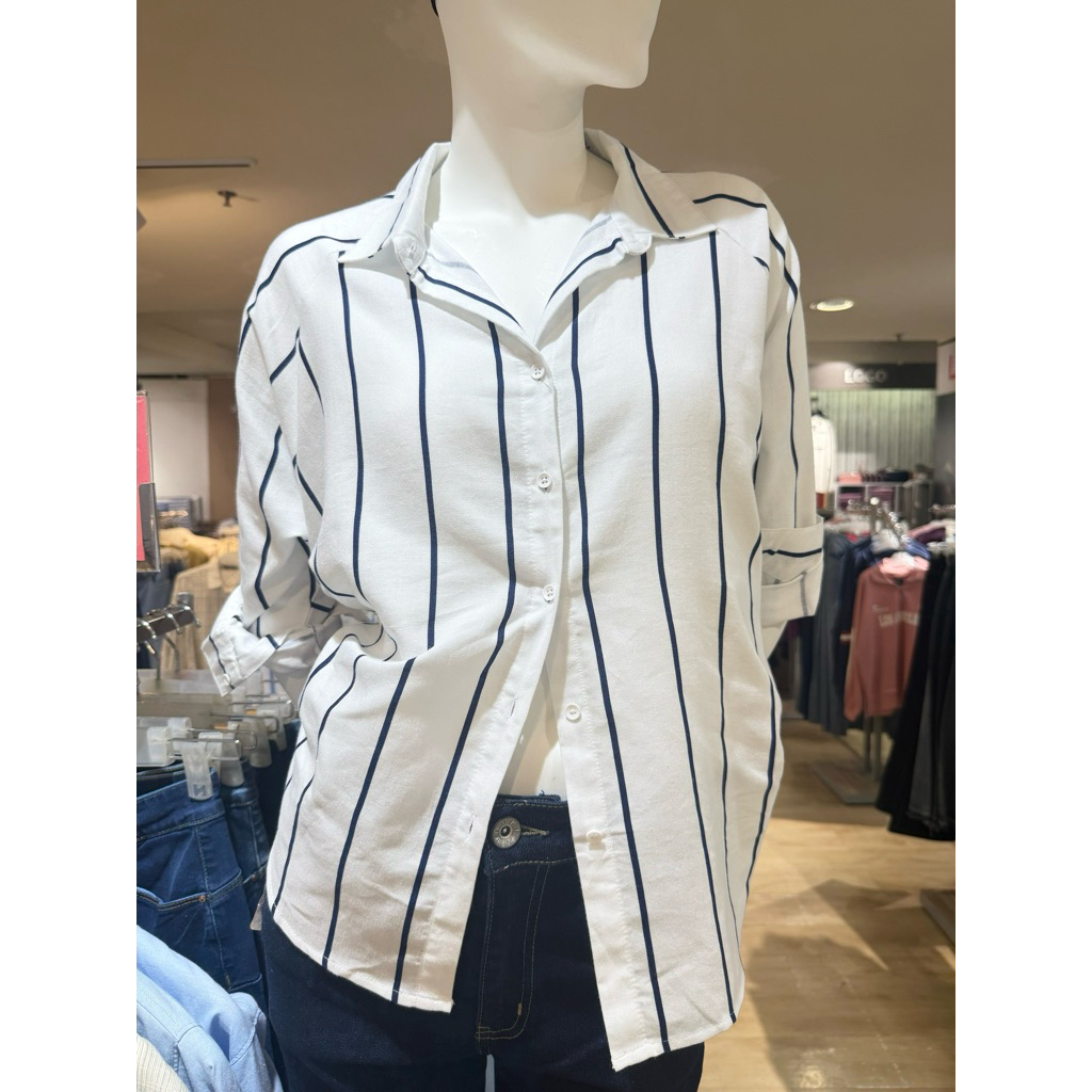 LOGO JEANS KOLEKSI  ATASAN KEMEJA WANITA MOTIF SALUR BAHAN KATUN ORIGINAL MATAHARI (S-L)