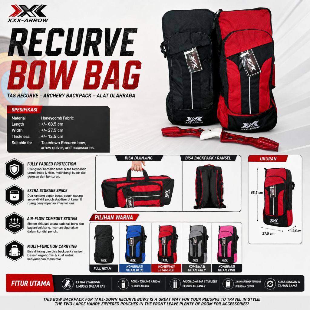 XXX-ARROW Recurve Bow Bag Backpack - Tas Busur Panah Recurve Takedown - Archery Backpack Full Padded