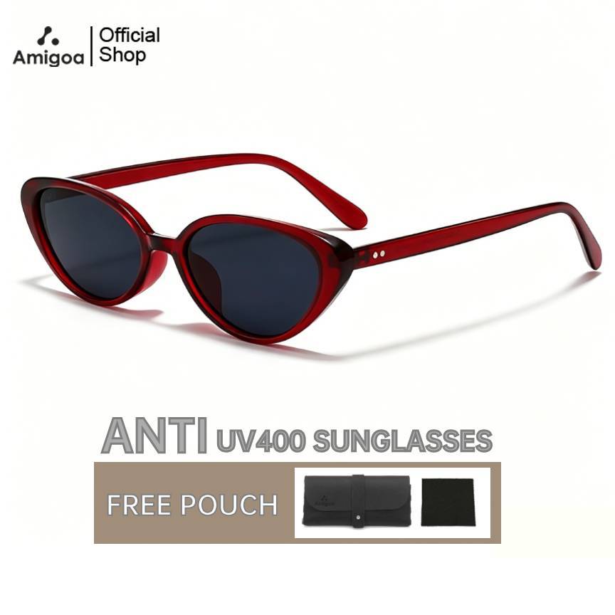 AMIGOA Kacamata Hitam Y2K Retro Merah Bingkai Kecil Cat Eye Anti UV400 Dan Radiasi Sunglasses Kacama