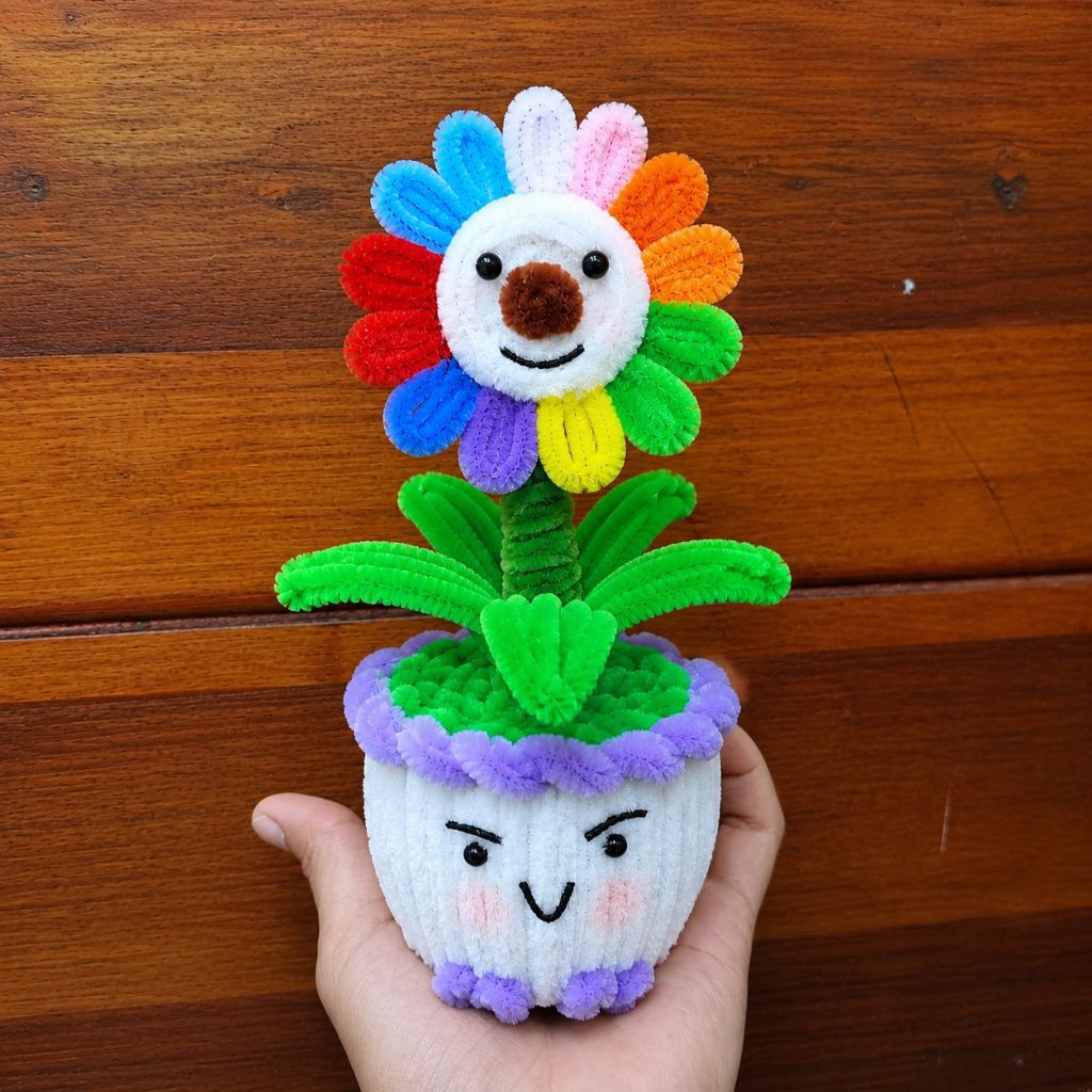 Bunga Karakter Pelangi Handmade dari Kawat Bulu dalam Pot Lucu | Dekorasi Meja Estetik | Kado Unik |