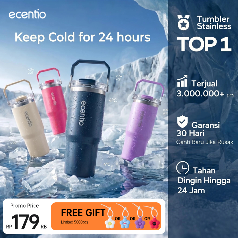 [2.0 New Version] ecentio Tumbler Stainless 900ml Portable Thermos Botol Minum Besar Dengan Tas Taha