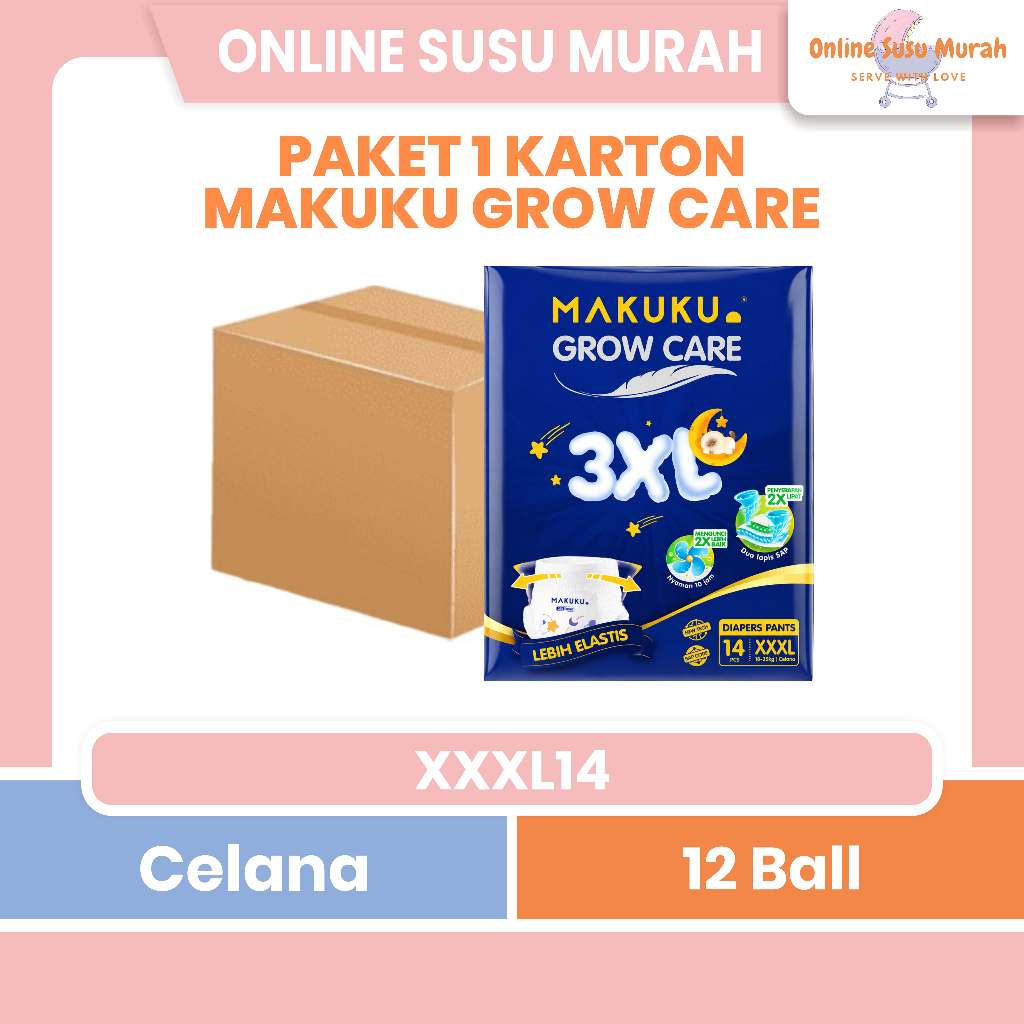 MAKUKU SAP DIAPERS 1 KARTON 12 BALL GROW CARE PANTS 3XL XXXL 14 XXXL14 POPOK CELANA PPKS
