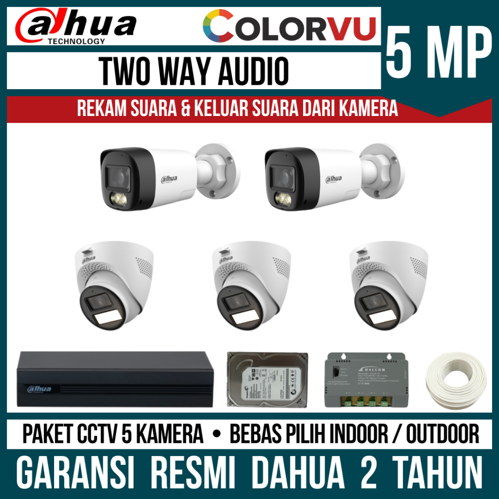 Paket CCTV Dahua Colorvu 5MP Two Way Audio 8 Channel 5 Kamera