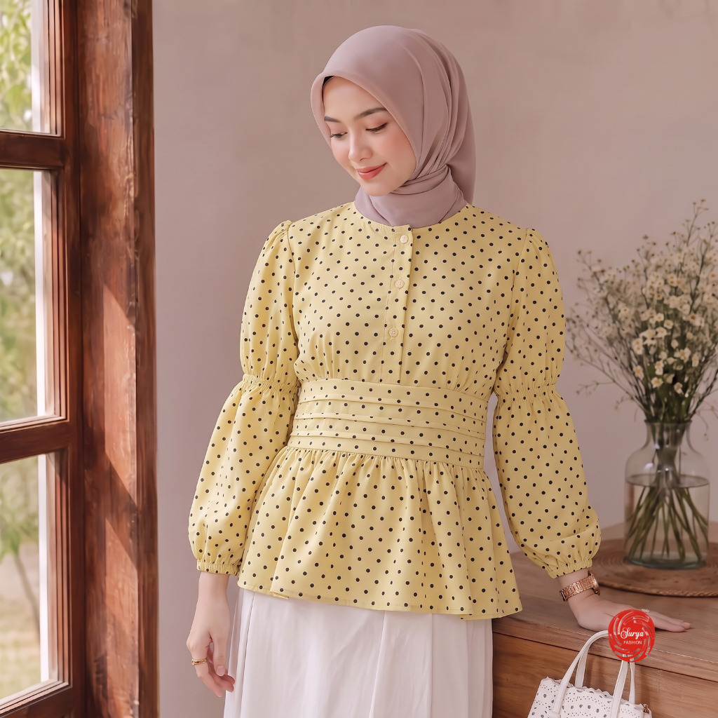LIONA Blouse Kerut Polkadot Balloon Long Sleeve Top Atasan Wanita Terbaru,Tali Belakang