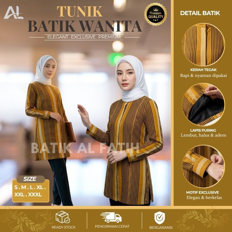 Batik Alfatih - Tunik Batik Premium Lengan Panjang Full Puring Motif Pradana Warna Kuning Alam