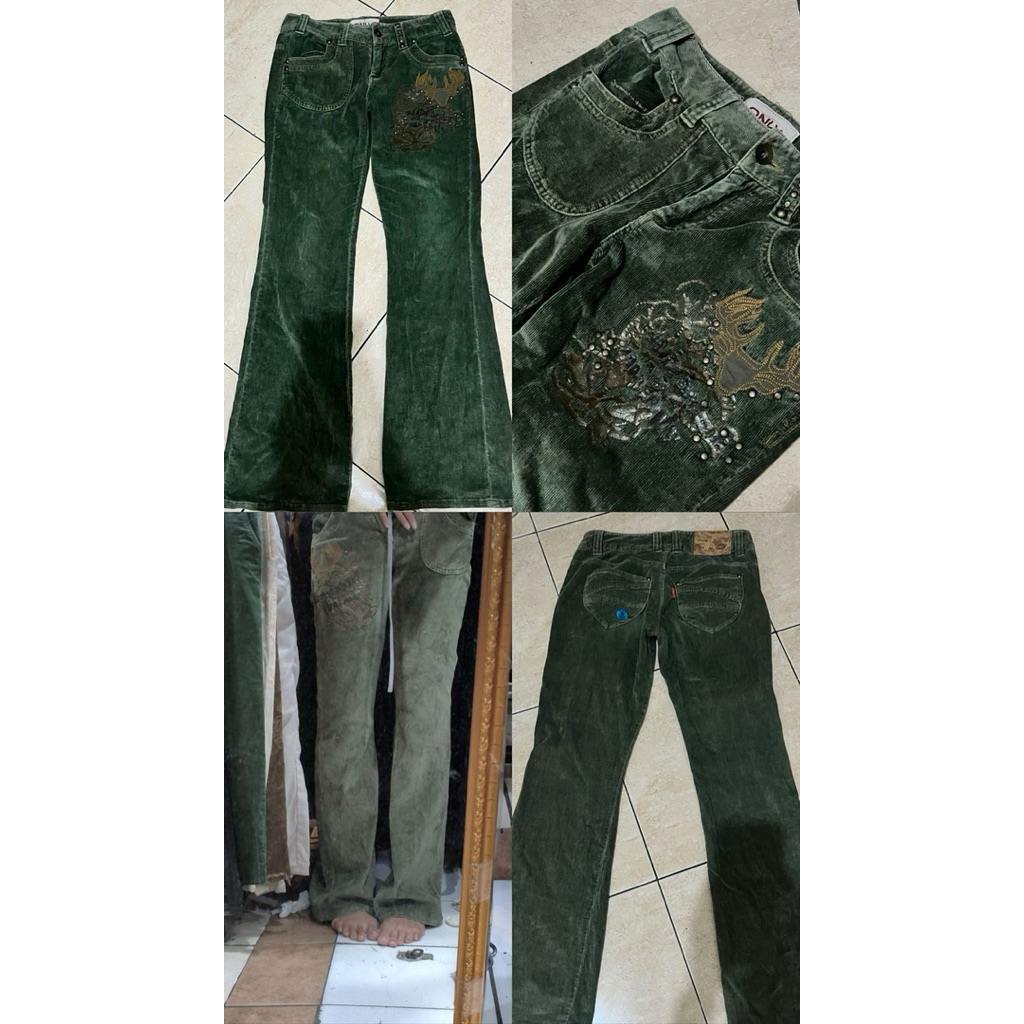 celana flare/cb corduroy green army y2k, gothic, grunge