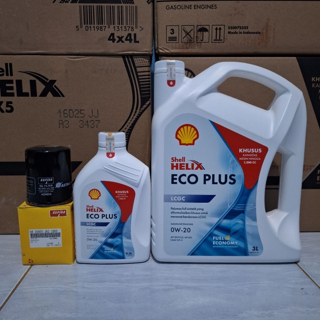 Khusus HONDA BRIO, Paket Oli SHELL ECO PLUS 0W-20 3,5 Liter dan filter oli HONDA BRIO.