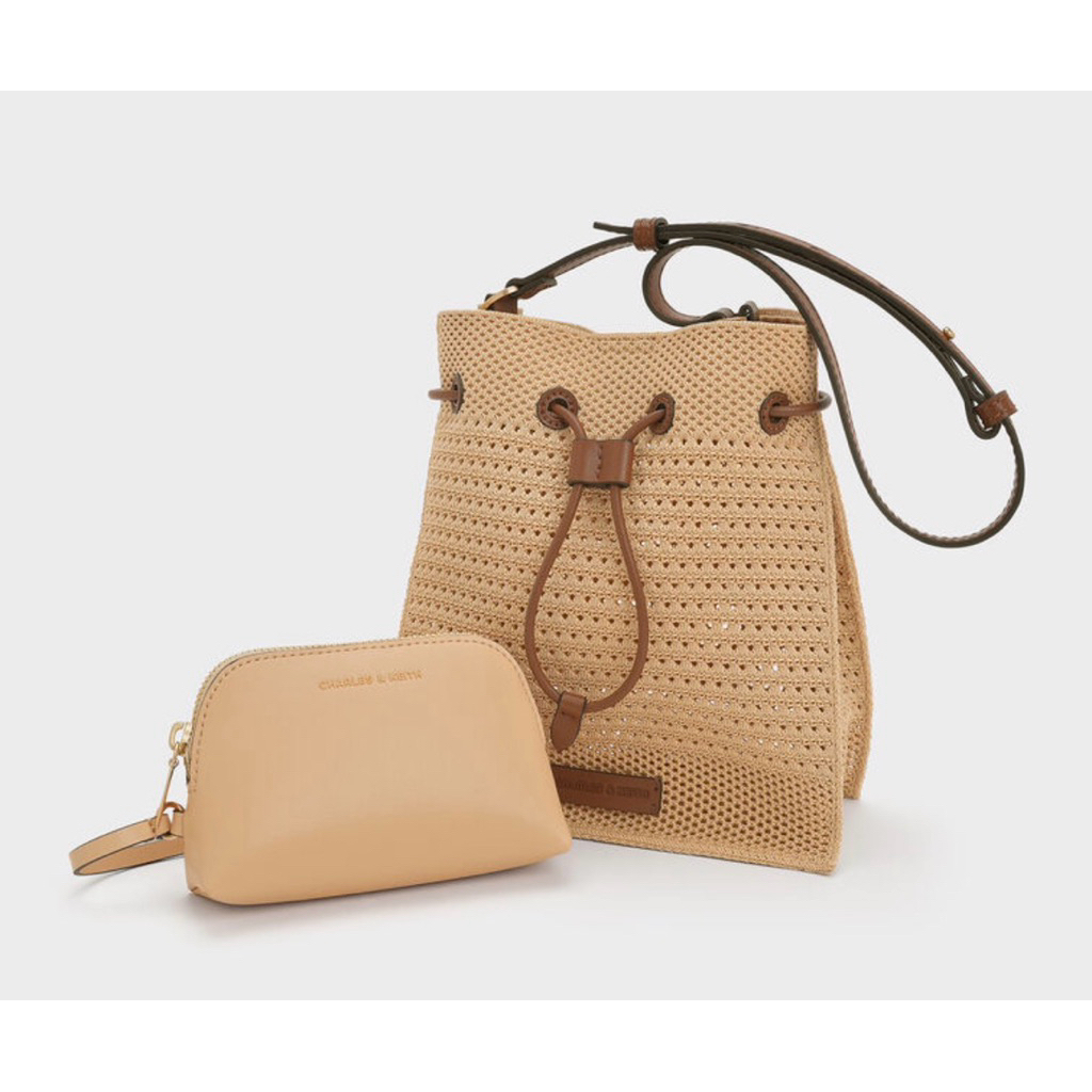 TAS WANITA CK IDA KNITTED BUCKET BAG BEIGE AND BLACK ADA TALI PANJANG SELEMPANG CROSSBODY + POUCH KO