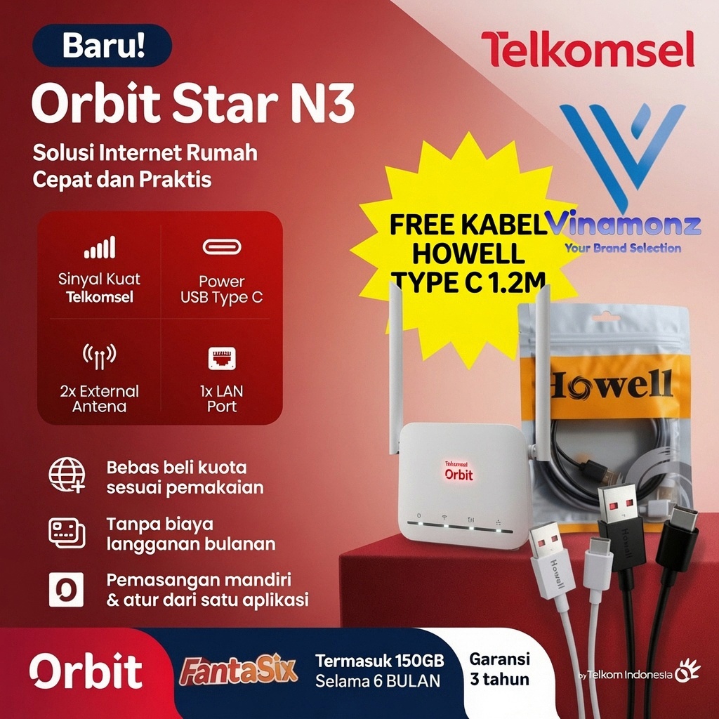 Orbit Star N3 HKM129 Modem Home Router WiFi Telkomsel 4G Type-C FREE Kuota 150GB 6 Bulan