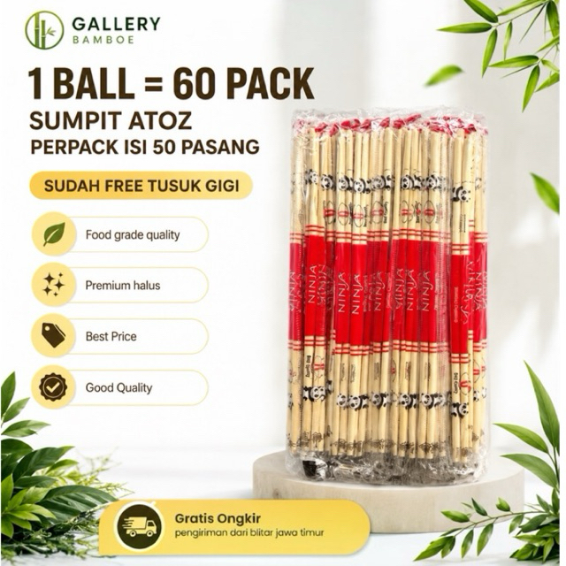 1 BALL = 60pack SUMPIT BAMBU STERIL NINJA FREE TUSUK GIGI-Sumpit mie ayam - Sumpit ekonomis - Sumpit