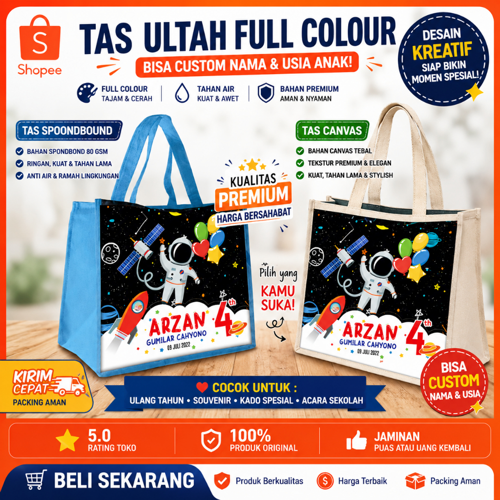 Goodie Bag Custom Full Color | Tas Spunbond & Canvas | Design Free
